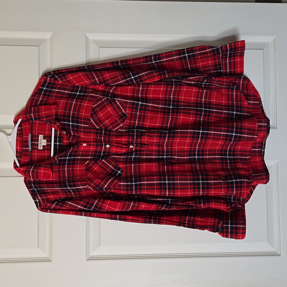 Merona Red and Black Plaid Button Down Shirt Size L
